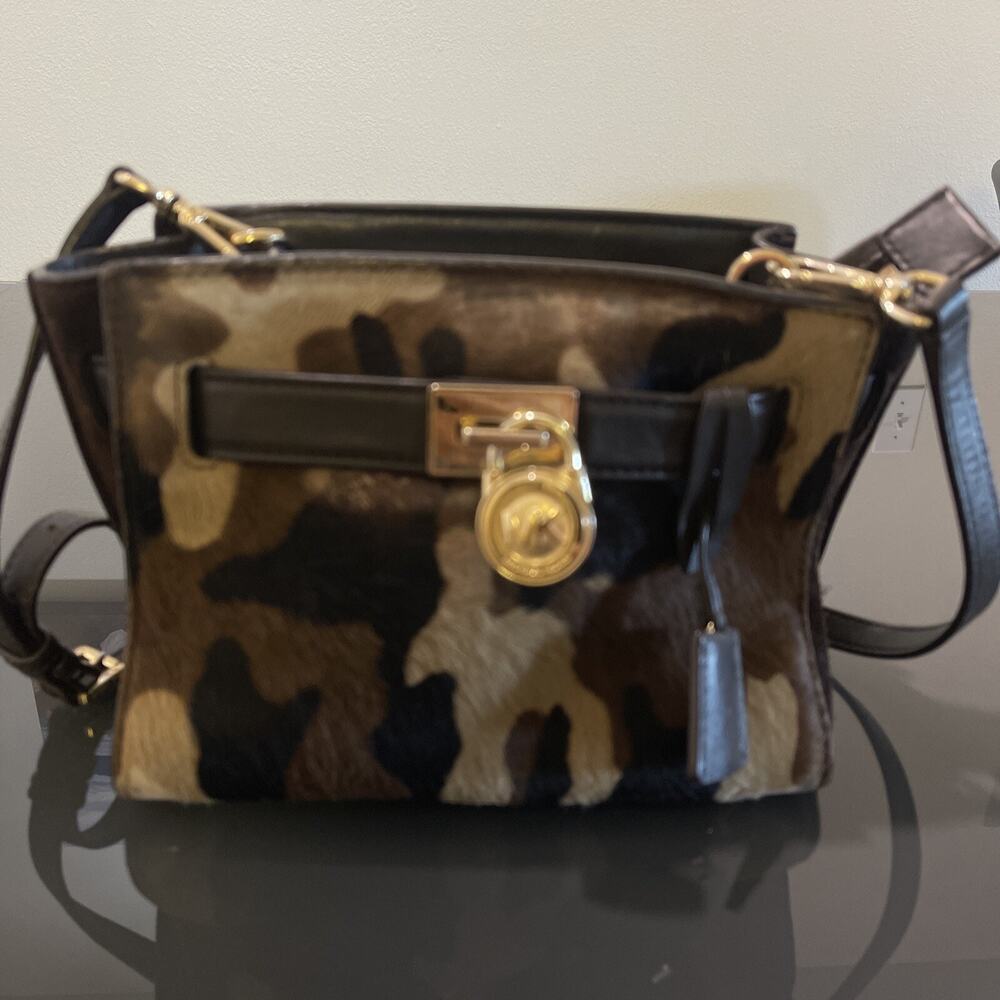 Michael Kors Hamilton Brown Suede Calf Hair Camouflage Handbag Purse Bag